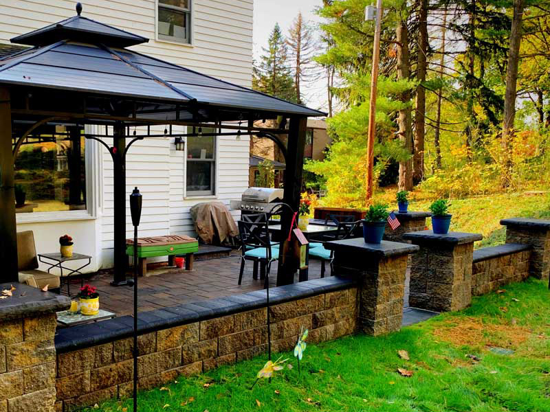 Backyard patio made of brick and stone